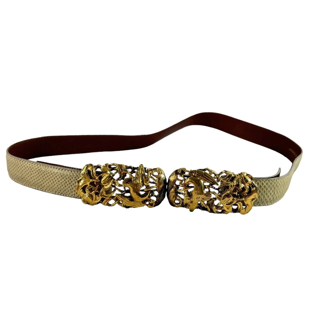 0990 Vintage Beige Genuine Snakeskin Birds Buckle Accent Women Belt Made in USA